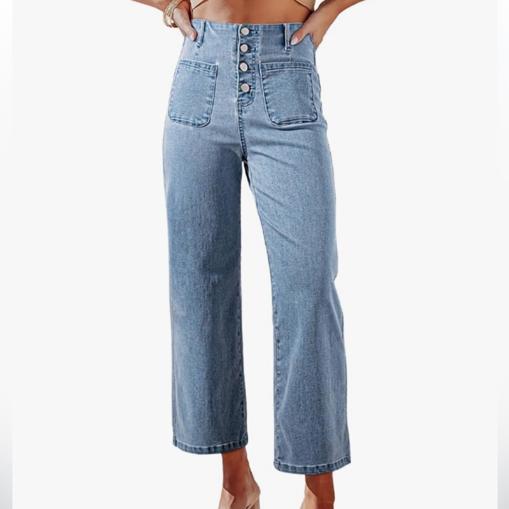 Women's High Waisted Buttoned Down Wide Leg Cropped Jeans, 8 Long